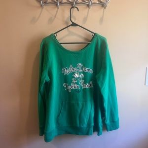 Green Notre Dame Fighting Irish sweatshirt.  Adidas. ND script plus leprechaun.